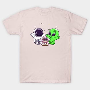 Cute Astronaut And Alien With Birthday Cake Cartoon T-Shirt